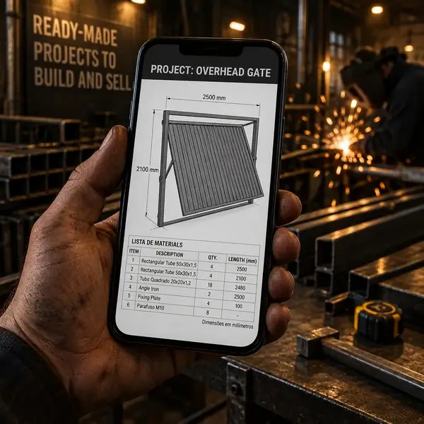 Hand holding a phone with a gate blueprint open in the shop